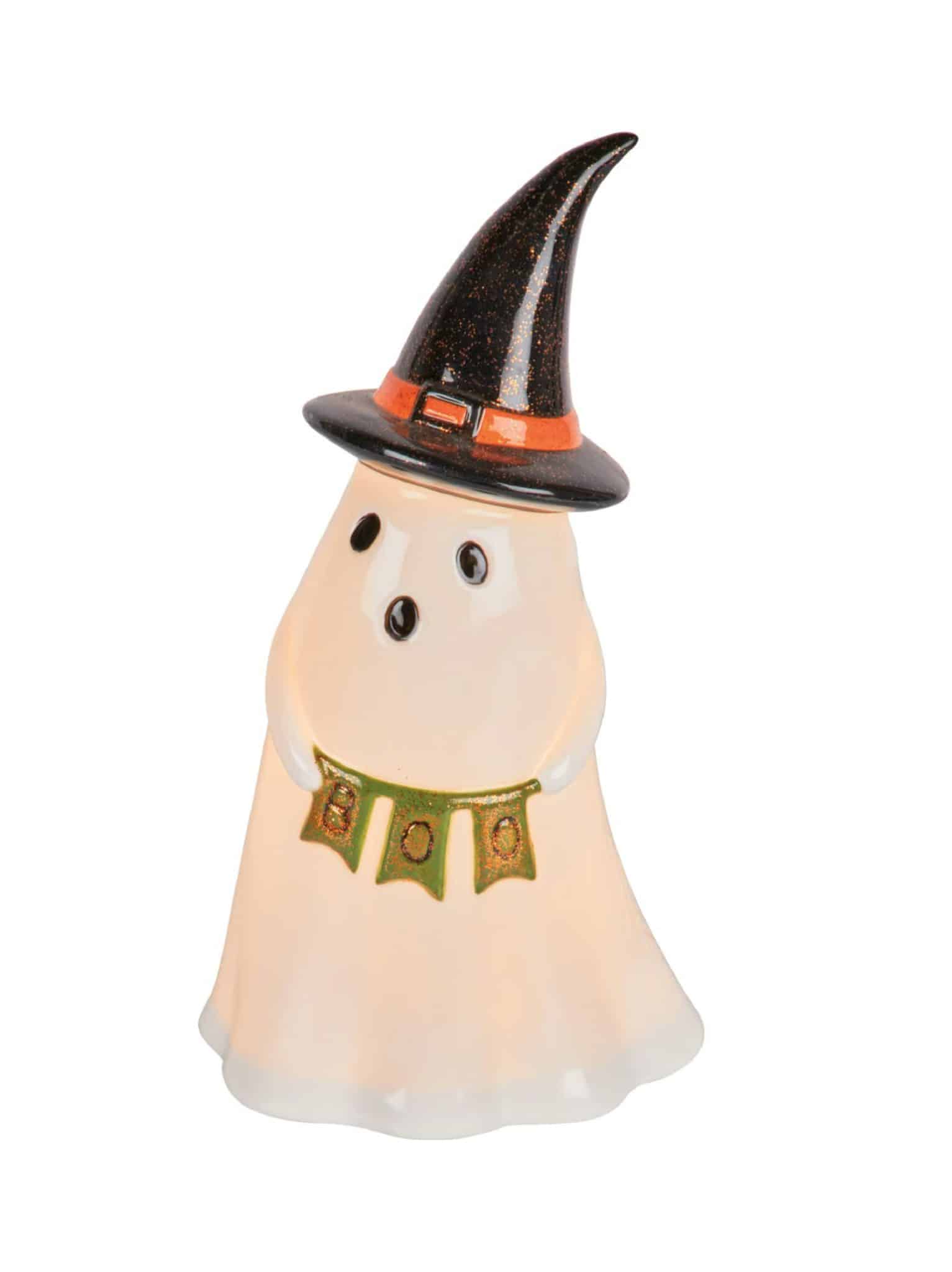 Lighted Halloween ghost figurine wearing a witch hat and holding a glitter “BOO” banner.