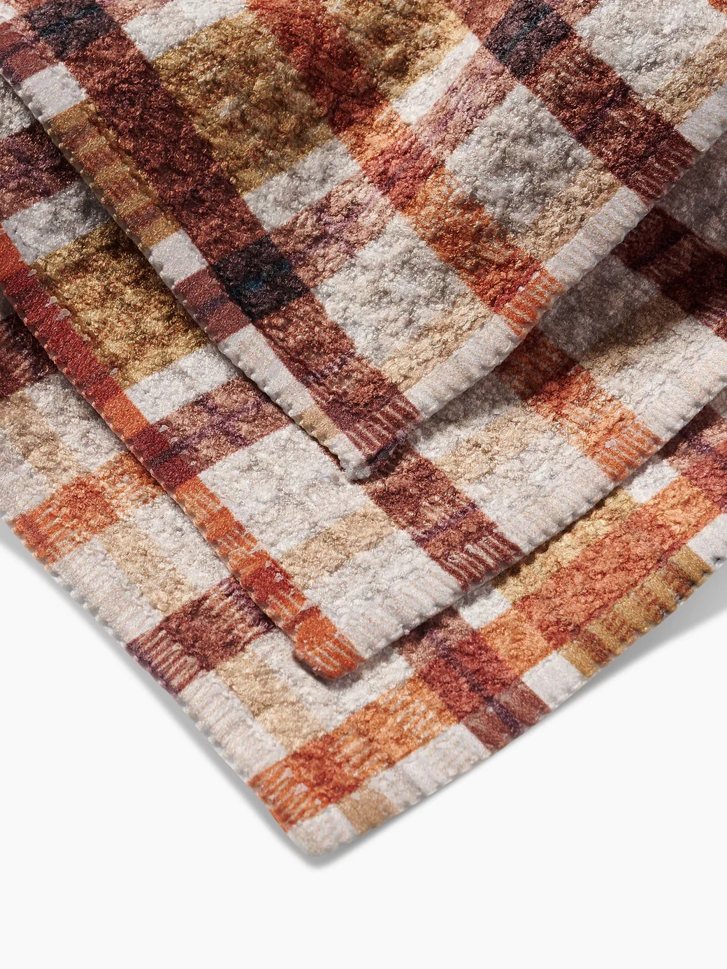 3-pack of Maple Jane Geometry dishcloths featuring warm autumn plaid design in maple and rust tones.