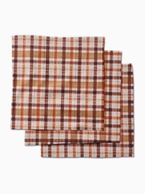 Maple Jane Geometry Dishcloth Set, 3-pack with autumn plaid in maple, rust, and golden brown.