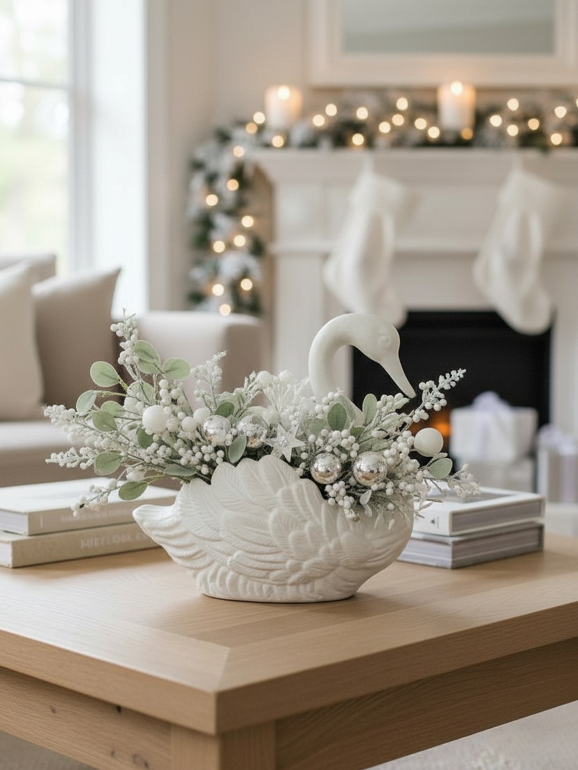Vintage Cast Iron Swan Container styled on a tabletop with winter greenery and decorative accents
