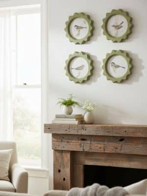 Vintage Round Framed Bird on Branch – 4 Styles