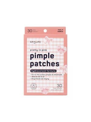 Pretty in Pink Bow Pimple Patches packaging on white background featuring pink bow and bow heart hydrocolloid acne patches