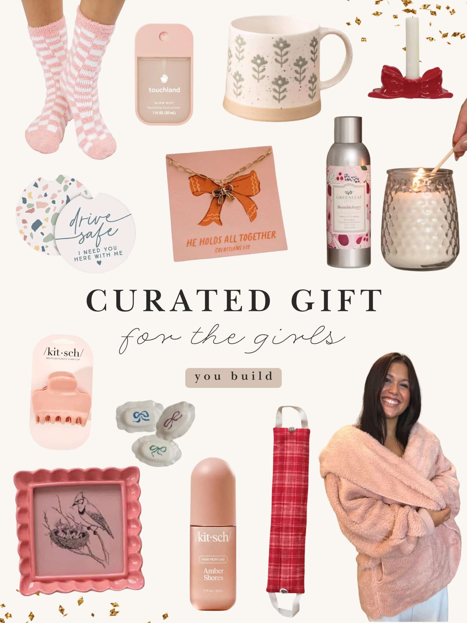 be-made-hays-ks-curated-gift-for-the-girls Curated Gift for the Girls display featuring cozy socks, mugs, candles, jewelry, car coasters, hair accessories, body care, and a plush sherpa wrap in a build-your-own gift layout.