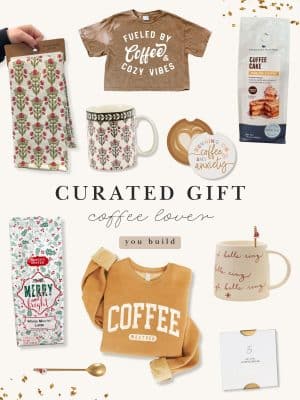 Curated Coffee Lover Gift Guide featuring mugs, coffee blends, cozy sweatshirts, tees, kitchen towels, coffee-themed accessories, and a gold spoon arranged in a collage.