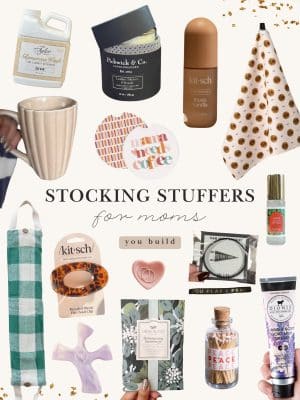 Flat lay of stocking stuffer ideas for moms, including beauty items, mugs, hair clips, sachets, sanitizer, hand cream, candles, and small accessories arranged together.