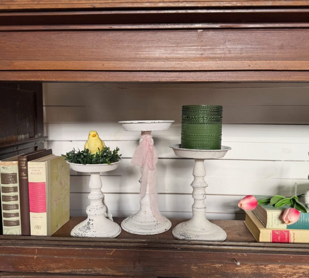 be-made-hays-ks-distressed-pedestal-candle-holders-spring-styling update title. more scenes from cottagecore in bloom