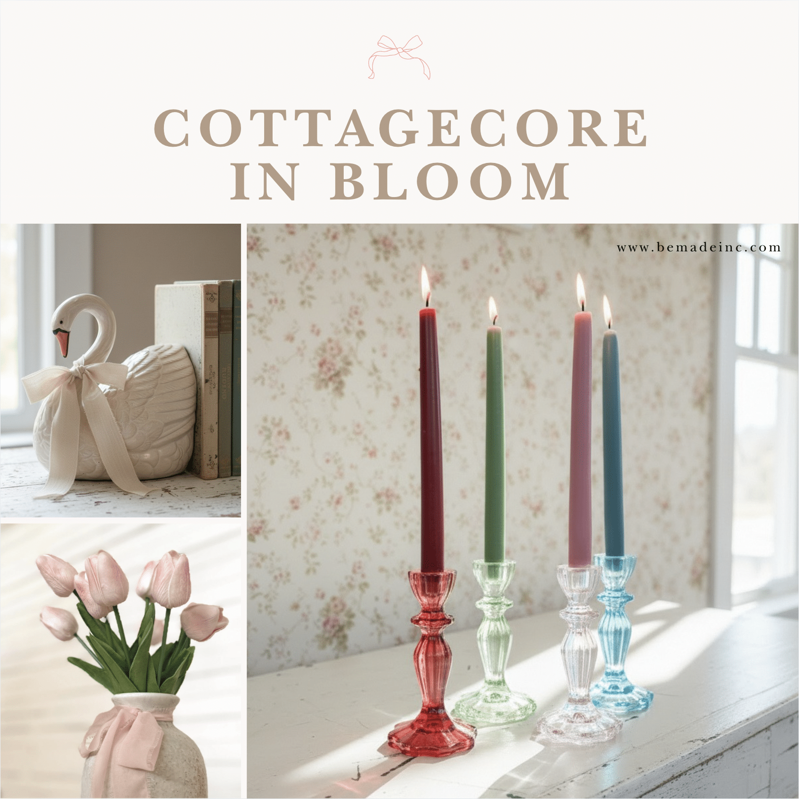 Cottagecore In Bloom collection featuring pastel taper candles in colored glass holders, soft tulips in a vase, and a swan decor accent styled in a light vintage-inspired space.