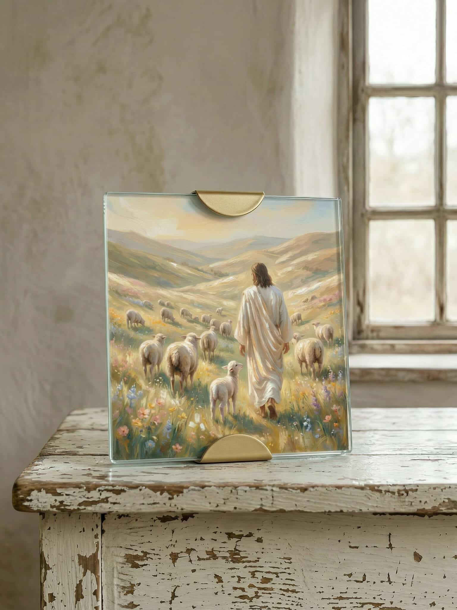 Gold Scallop Frame with Jesus Shepherd Print Displayed on Table by Window