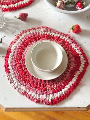 Found Placemat Red White Braided