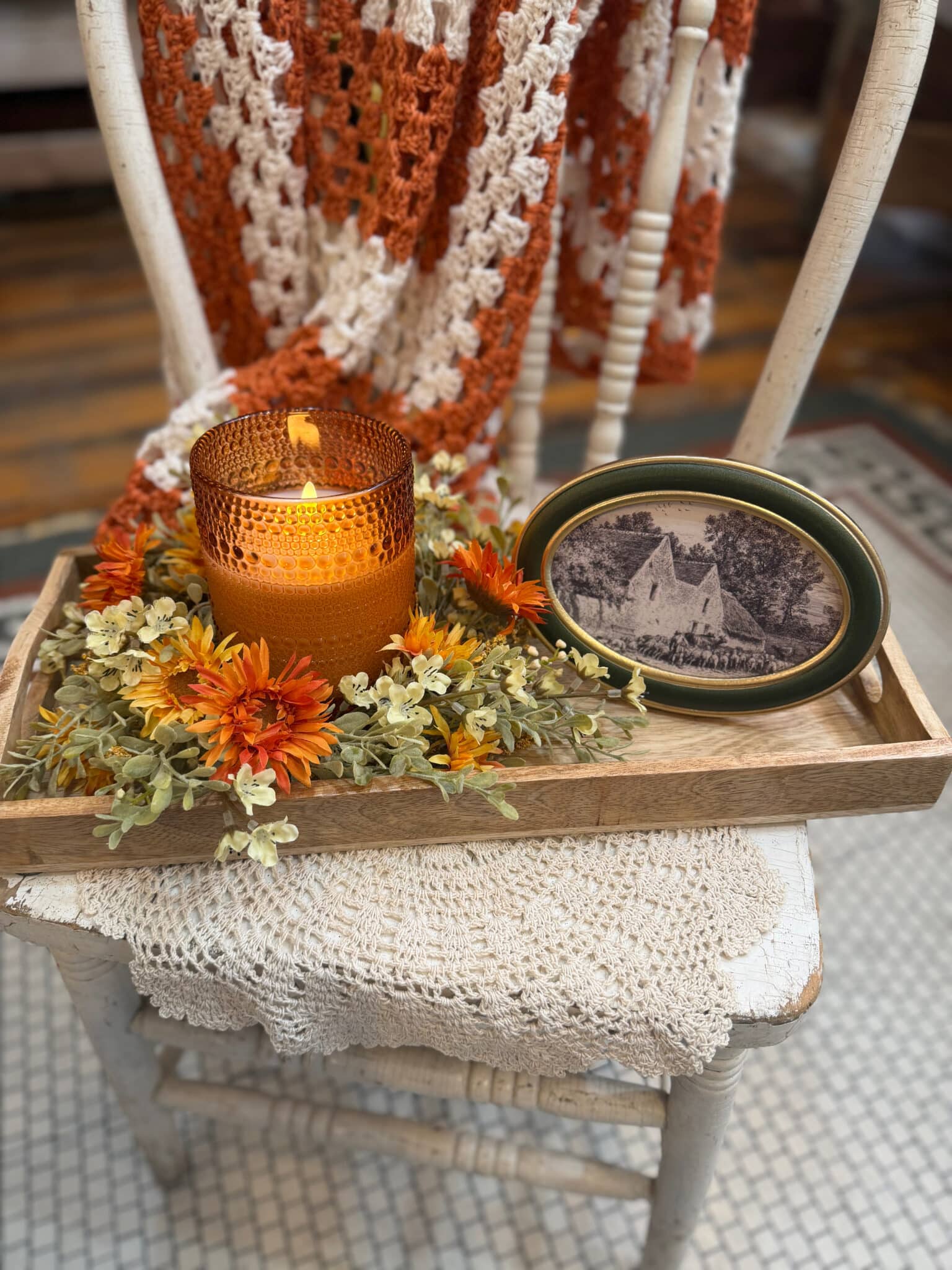 Harvest Cottage Styled Look with orange flameless candle, fall florals, wood tray and cottage art
