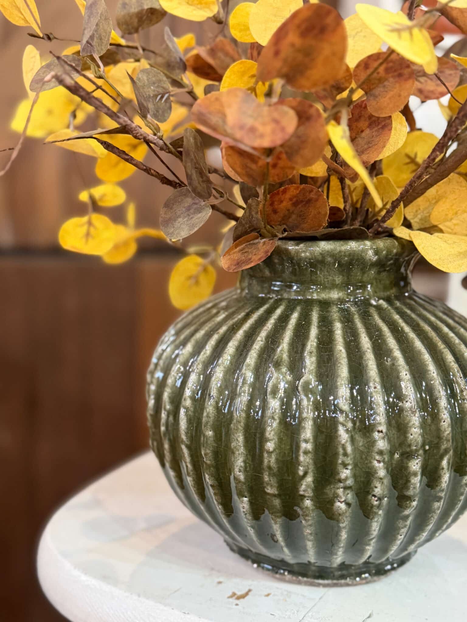 Ribbed Green Aged Terracotta Vase with distressed green glaze