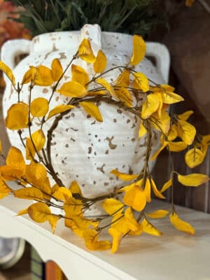 Light Yellow Eucalyptus Candle Ring with Vintage White Terra Cotta Vase