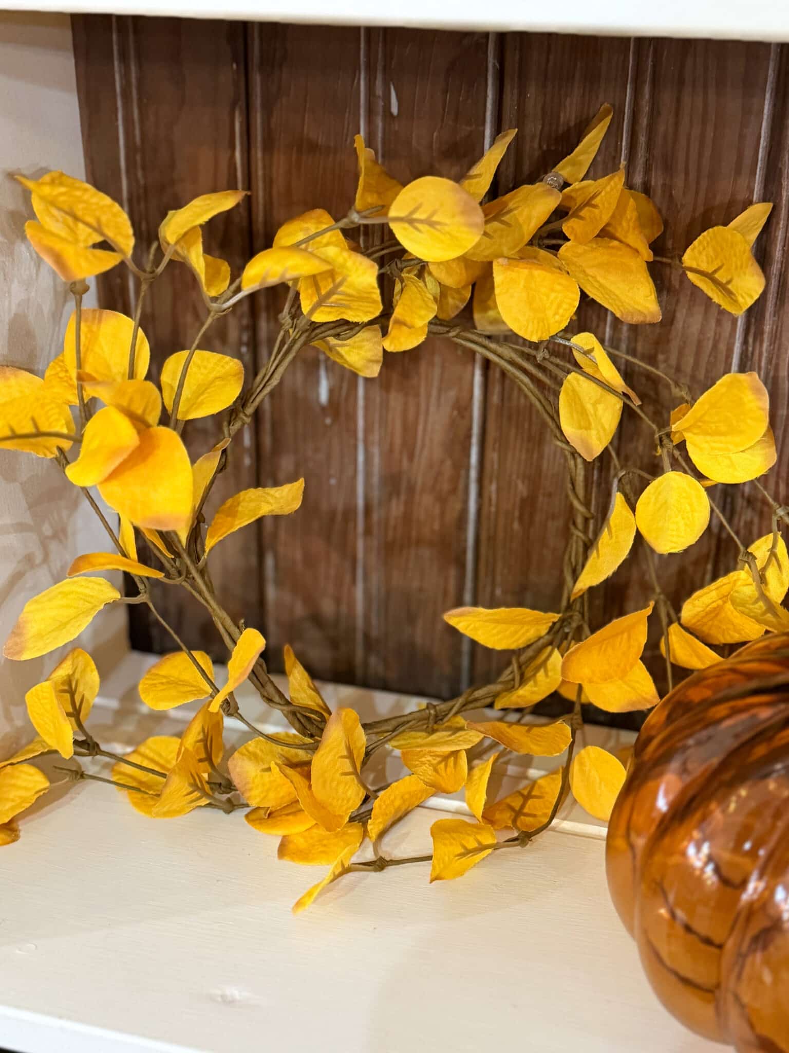 Light Yellow Eucalyptus Candle Ring with flexible artificial eucalyptus leaves