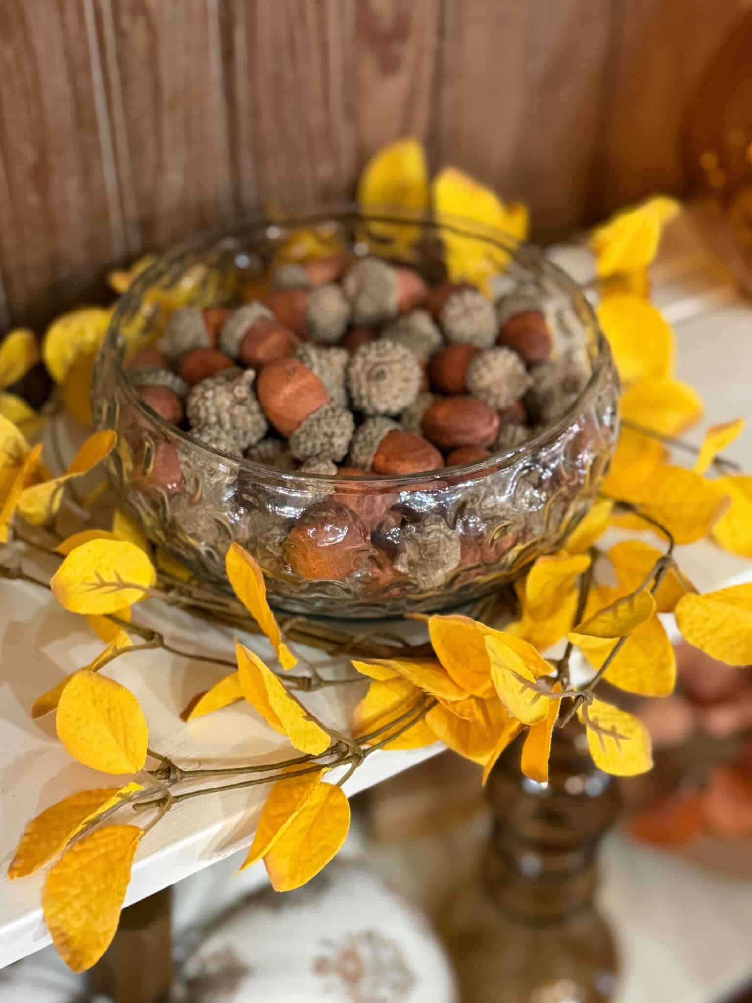 Light Yellow Eucalyptus Candle Ring with glass bowl and decorative acorn filler