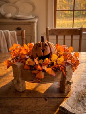 Orange Big Mouth Jack-O'-Lantern Pumpkin on Chakki Table Halloween centerpiece