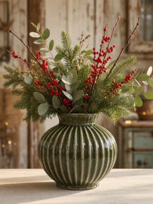 Ribbed Green Aged Terracotta Vase