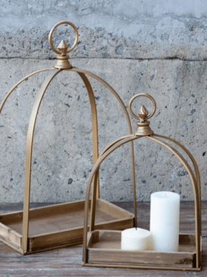 LANTERN WIDE GOLD METAL WOOD LG